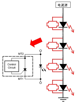 圖5：安森美半導(dǎo)體NUD4700 LED開路分流保護器的應(yīng)用示意圖