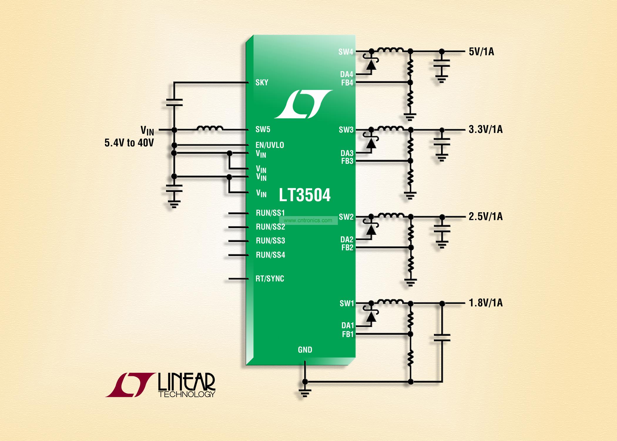 40V、4 通道 1A (IOUT)、2.2MHz 降壓型 DC/DC 轉換器