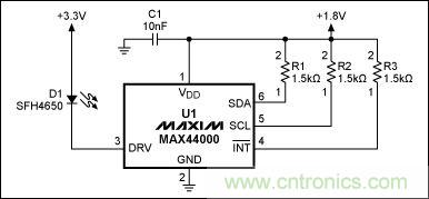 圖1：MAX44000典型電路，包括LED