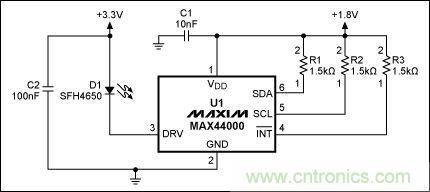 圖2：MAX44000典型電路，帶有發(fā)射器旁路
