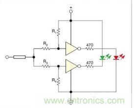 在雙門構(gòu)成的CMOS/TTL兼容探頭中，R1至R4電阻網(wǎng)絡(luò)對(duì)反相器輸入端做偏置