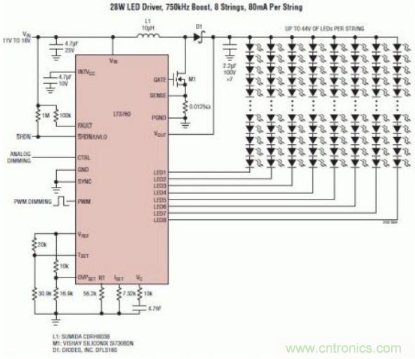 采用 LT3760、效率為 90% 的 28W LED 背光照明電路