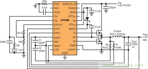 圖2：以非常低的DCR完成采樣的高效率、1.5V/30A降壓型轉(zhuǎn)換器