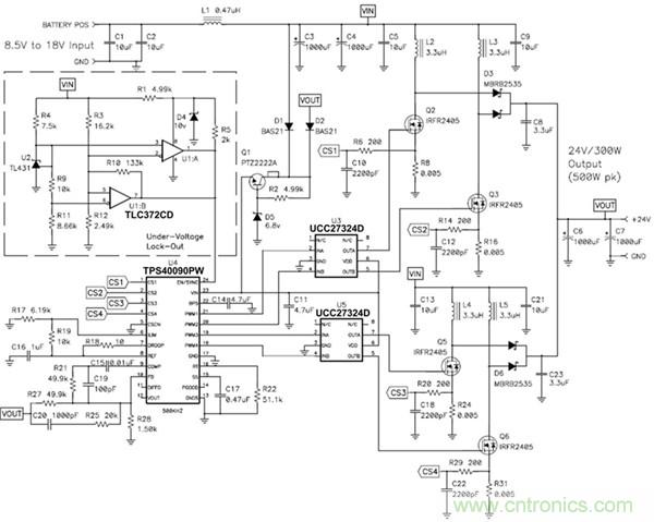 TPS40090 多相降壓控制器的 4 相、300W 升壓電源