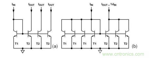 （a） 多級(jí)電流鏡 （b） 非整數(shù)比例電流鏡可將3個(gè)T2集電極結(jié)合起來，得到3IIN