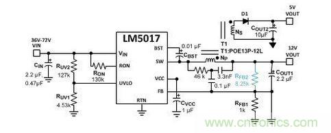 基于 LM5017 的 Fly-Buck 轉(zhuǎn)換器電路，沒(méi)有基于光耦合器的穩(wěn)壓電路