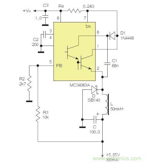 采用降壓配置中廣為使用的MC33063/MC34063的一個(gè)示例。