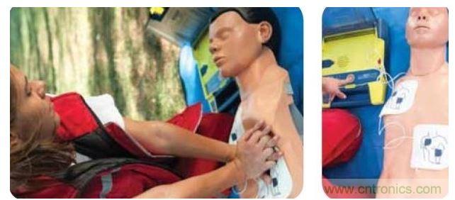 胸部按壓CPR(左圖)迫使血液循環(huán)，為大腦及其它生命器官供血，直到AED重啟心臟(右圖)。