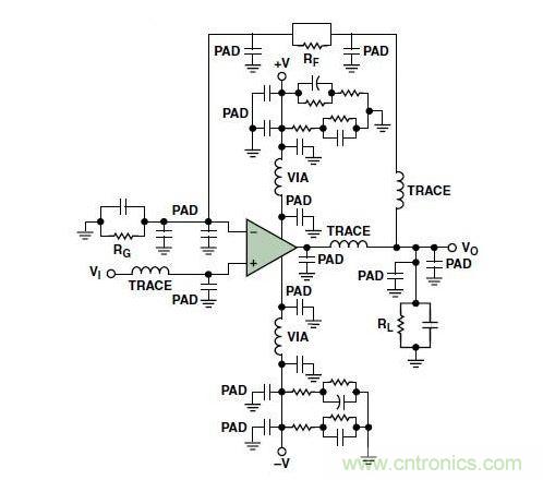 典型的運(yùn)算放大器電路，(a)原設(shè)計圖，(b)考慮寄生效應(yīng)后的圖