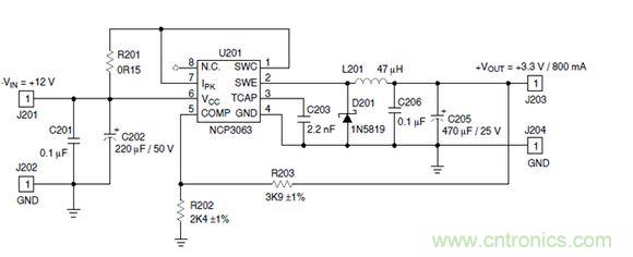 Buck電路應(yīng)用實(shí)例-輸入9～12V，輸出3.3V 800mA電路
