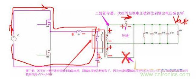 上管開通，注意諧振電感、勵磁電感、諧振電容的正負