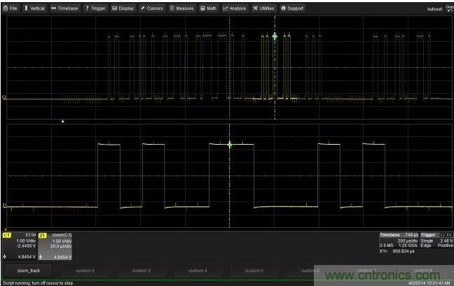 使用CustomDSO運行VB腳本“zoom_Track.lss”。當腳本運行時，縮放波形的中心將跟蹤水平的光標絕對位置。從圖中可以看出，光標將永遠位于縮放波形Z1的中心