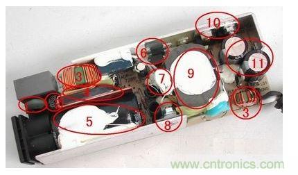 電源適配器的構(gòu)造  6 1. 壓敏電阻，其功能是當(dāng)外界電壓過高時，壓敏電阻阻值迅速變得很小，與壓敏電阻串聯(lián)的保險絲被熔斷，從而保護其他電路不被燒壞。  2. 保險絲，規(guī)格為2.5A/250V，當(dāng)電路中的電流過大時，保險絲會熔斷以保護其他元件。  3. 電感線圈(又稱扼流圈)，主要功能是降低電磁干擾。  4. 整流橋，規(guī)格為D3SB，作用是把220V交流電變?yōu)橹绷麟姟? 5. 濾波電容，規(guī)格為180μF/400V，作用是濾除直流電中的交流紋波，使電路工作更可靠。  6. 運放IC(集成電路)，保護電路、電壓調(diào)節(jié)的重要組成部分。  7. 溫度探頭，用于探測電源適配器的內(nèi)部溫度，當(dāng)溫度高于某一設(shè)定值時(不同品牌的電源適配器，其設(shè)定的溫度閥值略有不同)，保護電路會切斷適配器的電壓輸出，從而保護適配器不受損壞。   8. 大功率開關(guān)管，是開關(guān)電源中的核心元件之一，開關(guān)電源能“一開一關(guān)”地工作，開關(guān)管功不可沒。   9. 開關(guān)變壓器，開關(guān)電源中的核心元件之一。   10. 次級整流管，功能是把低壓交流電變?yōu)榈蛪褐绷麟?。在IBM的電源適配器中，整流管往往是由兩個大功率并聯(lián)工作的，以獲得較大的電流輸出。   11. 次級濾波電容，規(guī)格為820μF/ 25V，共有兩個，起濾除低壓直流電中的紋波的作用。  除上述元件外，電路板上還有可調(diào)電位器及其他阻容元件。
