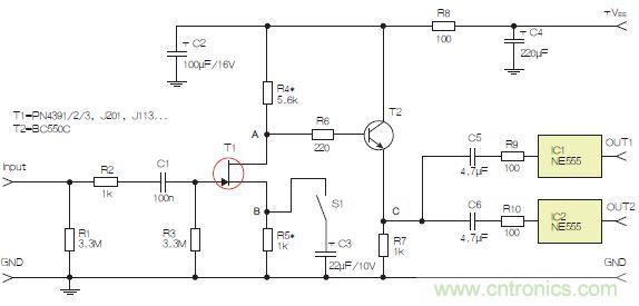圖3：采用兩個(gè)工作在不同頻率下的555定時(shí)器電路，以獲取不同的音效。