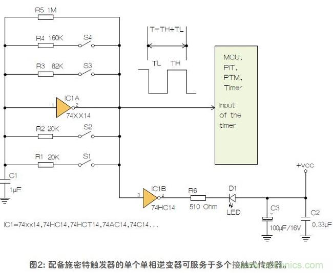 如何用單個(gè)施密特觸發(fā)器測(cè)量?jī)蓚€(gè)電阻式傳感器或多個(gè)開(kāi)關(guān)？
