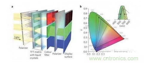  LCD顯示器示意圖。TFT表示薄膜晶體管（thin-film transistor）。