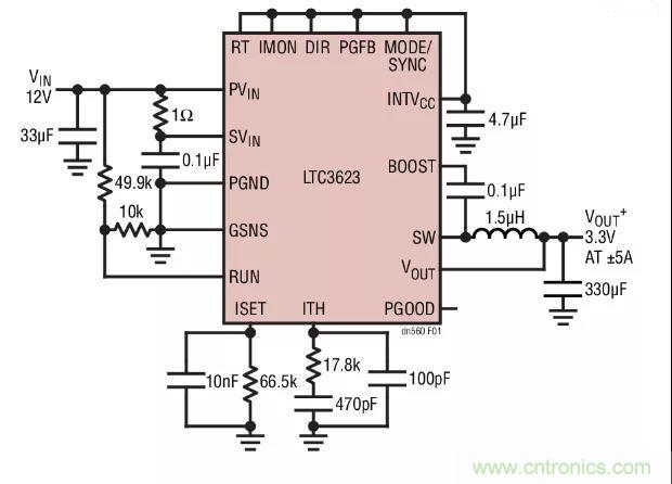 高效率、15V 軌至軌輸出同步降壓型穩(wěn)壓器能提供或吸收 5A