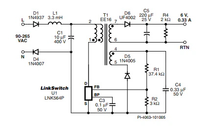 LinkSwitch-LP 系列旨在取代手機(jī)/無繩電話、PDA、數(shù)碼相機(jī)和便攜式音頻播放器等應(yīng)用中輸出功率 < 2.5 W 的低效線頻線性變壓器電源。LinkSwitch-LP 還可用作白色家電等應(yīng)用中的輔助電源。  LinkSwitch-LP 將高壓功率 MOSFET 開關(guān)與 ON/OFF 控制器集成在一個(gè)設(shè)備中。它完全由漏極引腳自供電，具有低 EMI 的抖動(dòng)開關(guān)頻率，并且具有全面的故障保護(hù)。自動(dòng)重啟可限制過載和輸出短路條件下的器件和電路耗散，而遲滯過溫保護(hù)會(huì)在熱故障期間禁用內(nèi)部 MOSFET。EcoSmart 技術(shù)使設(shè)計(jì)能夠輕松實(shí)現(xiàn) < 150 mW 的空載功耗，滿足能源效率要求。  LinkSwitch-LP 的設(shè)計(jì)目的是在輸出功率低于 2.5 W 時(shí)無需初級(jí)側(cè)鉗位電路，從而顯著減少組件數(shù)量和總系統(tǒng)成本。圖 1 顯示了基于 LinkSwitch-LP 的 2 W 電源，不帶初級(jí)側(cè)鉗位。LinkSwitch-LP 系列經(jīng)過優(yōu)化，當(dāng)變壓器上的輔助或偏置繞組提供反饋時(shí)，可提供近似的 CV/CC 輸出特性。這非常適合取代工頻變壓器的應(yīng)用，提供兼容的輸出特性，但過載、短路電流和輸入線電壓變化較小。  　  在無鉗位設(shè)計(jì)中使用 LinkSwitch-LP 的基本電路原理圖。  快速開始  　 LinkSwitch-LP 反激式設(shè)計(jì)流程圖